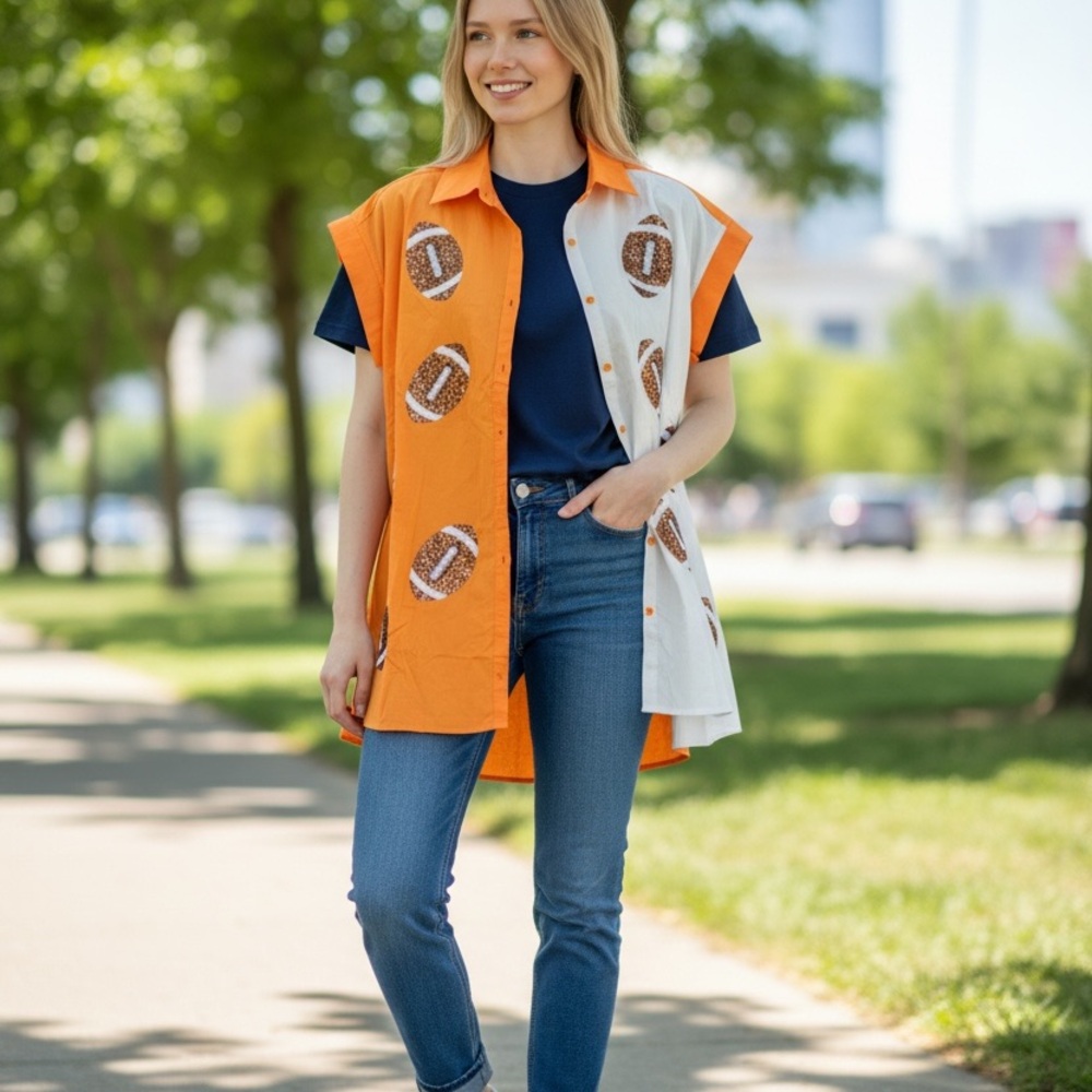 Fanatics Orange and White Football Print Button Down Top